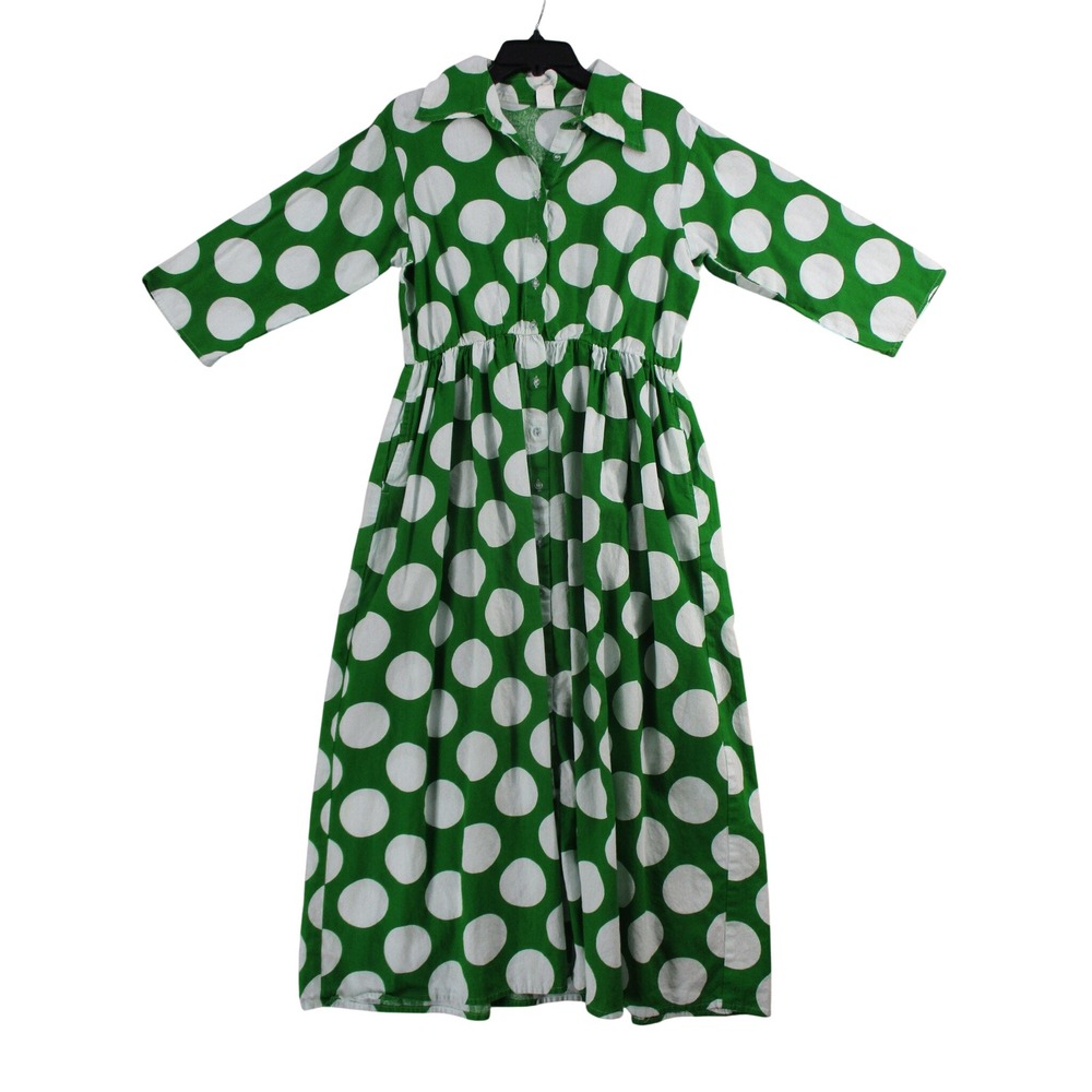 Vintage Marine Imports Inc Green White Polka Dot Cotton Shirt Dress Plus Pocket